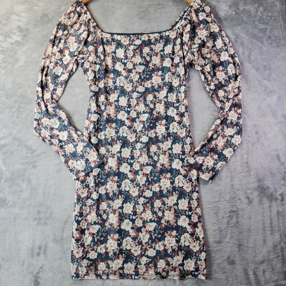 SAGE THE LABEL Navy Multi Floral Mesh Long Sleeve Mini Dress M Whimsigoth NWT